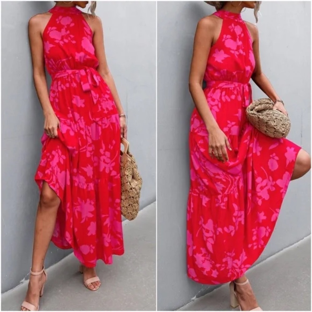 Boho Red Floral Print Halter Maxi Dress Cottagecore - Picture 2 of 3